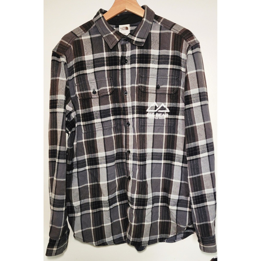 North Face Men's L Plaid Flannel Shirt Big Bear Mountain Resort Embroidered Logo